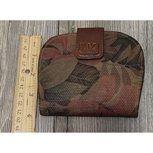 Liz Claiborne Floral Wallet Coin Purse‎ Small Brown Canvas Zip Closure